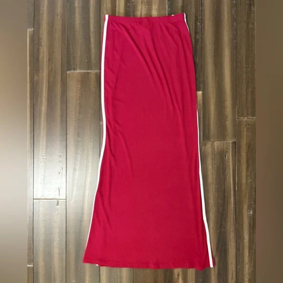Y2K Sz S Red White Stripe Maxi Skirt Stretchy Bodycon Elastic Waist Fall Preppy - Picture 8 of 8